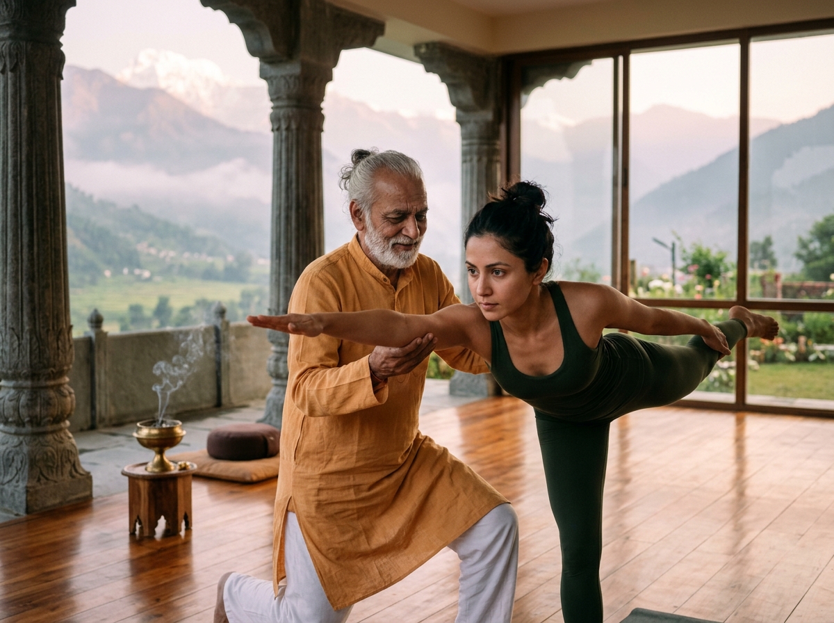 Master Acharya providing biomechanical alignment at Yoga Ashram